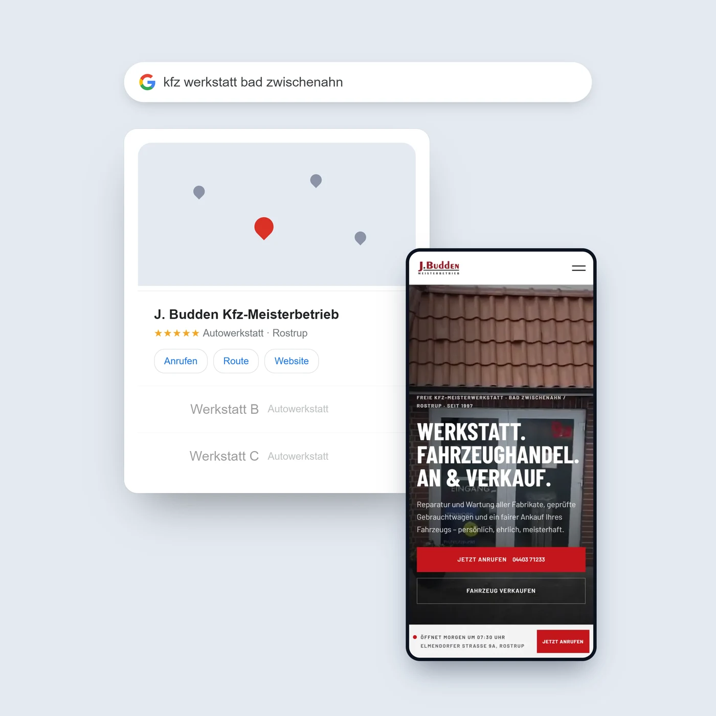 Google-Kartensuche mit Werkstatt und mobiler Website